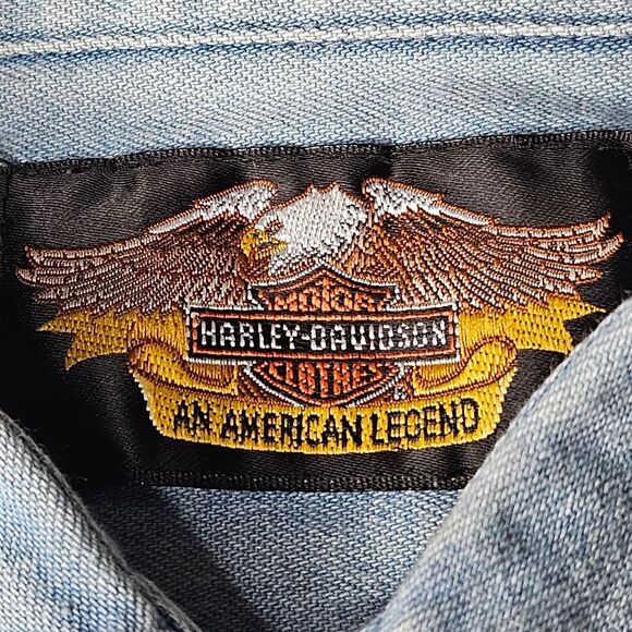 Harley-Davidson Vintage Big & Tall Short Sleeve Washed Denim Button Front Shirt - Picture 8 of 12